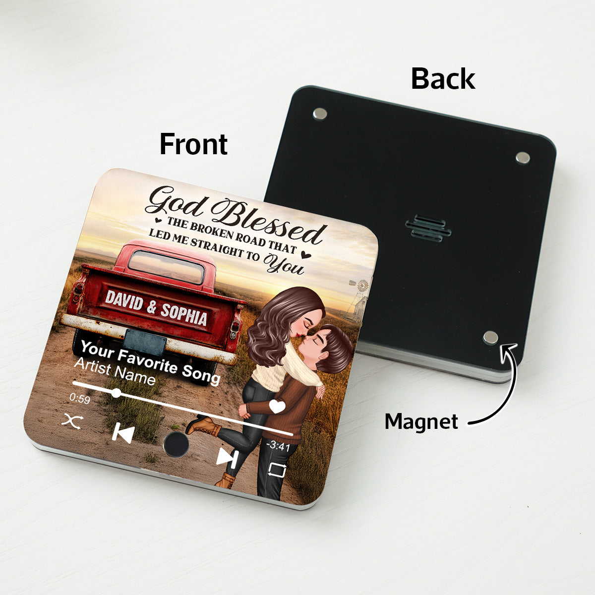 Rustic Nostalgia Red Truck Couple Hugging Kissing - Personalized Music Fridge Magnet - Heartfelt Valentine, Anniversary Gift For Him, For Her, Farmhouse Decor
