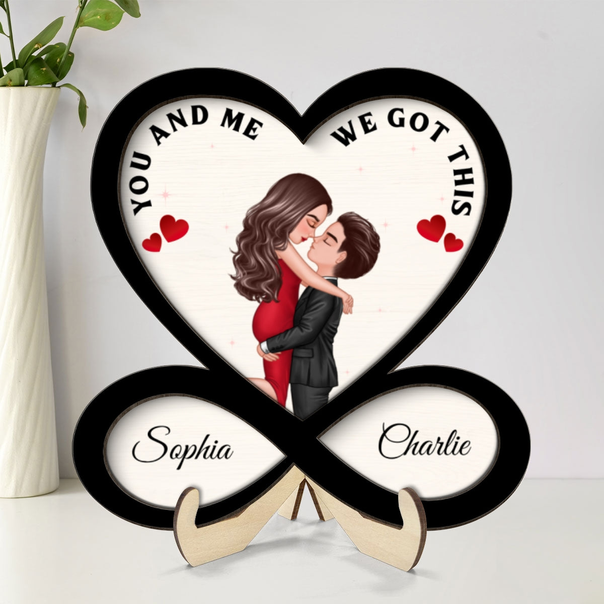 Couple Hugging Kissing Heart Infinity Personalized 2-layer Wooden Plaque