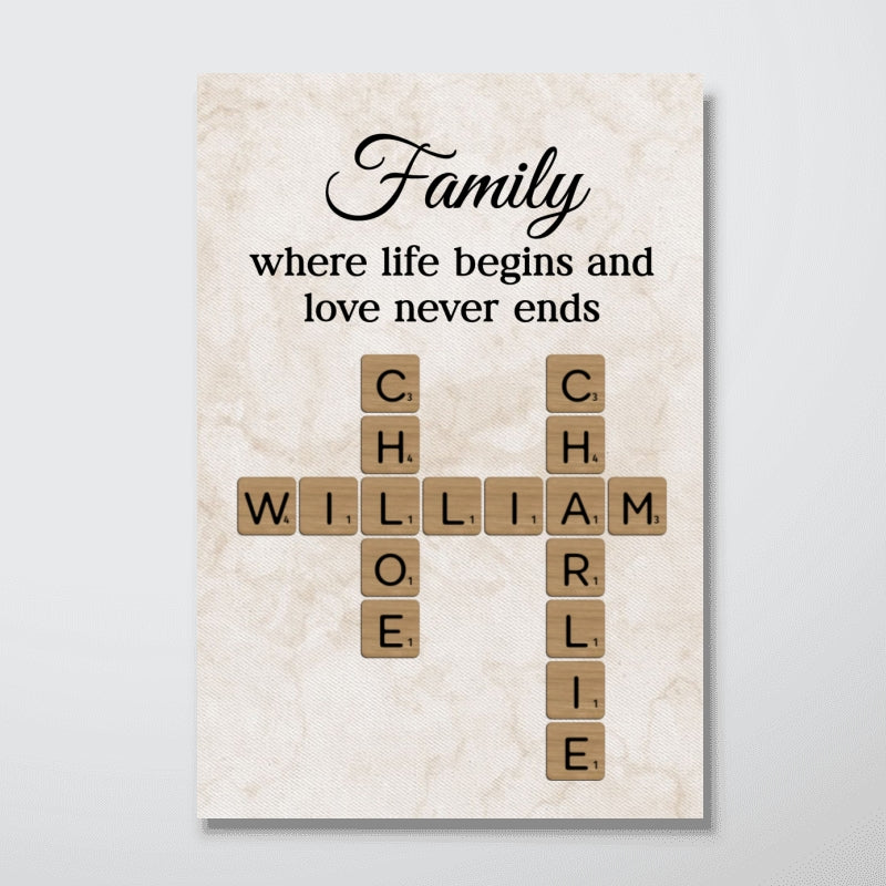 Family Where Life Begins and Love Never Ends Crossword - Personalised Poster - Sentimental Gift for Loved Ones