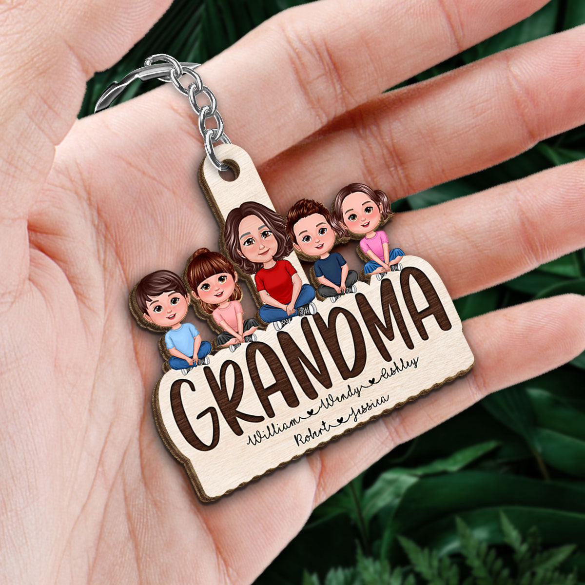 Grandma Grandkids Sitting On Text Personalized Wooden Keychain