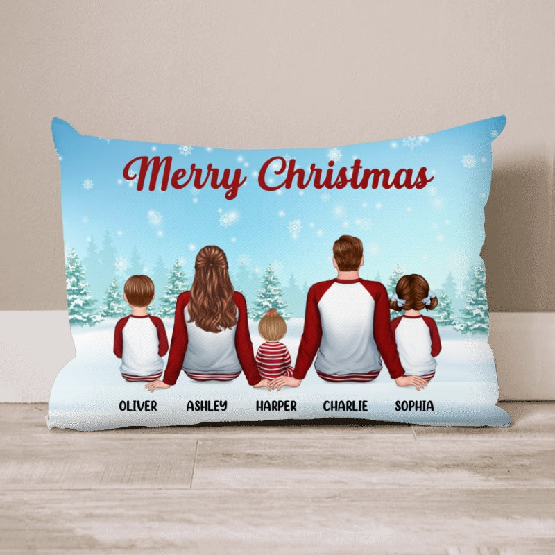 Family In Snow Back View Personalized Christmas Pillow (Insert Included)