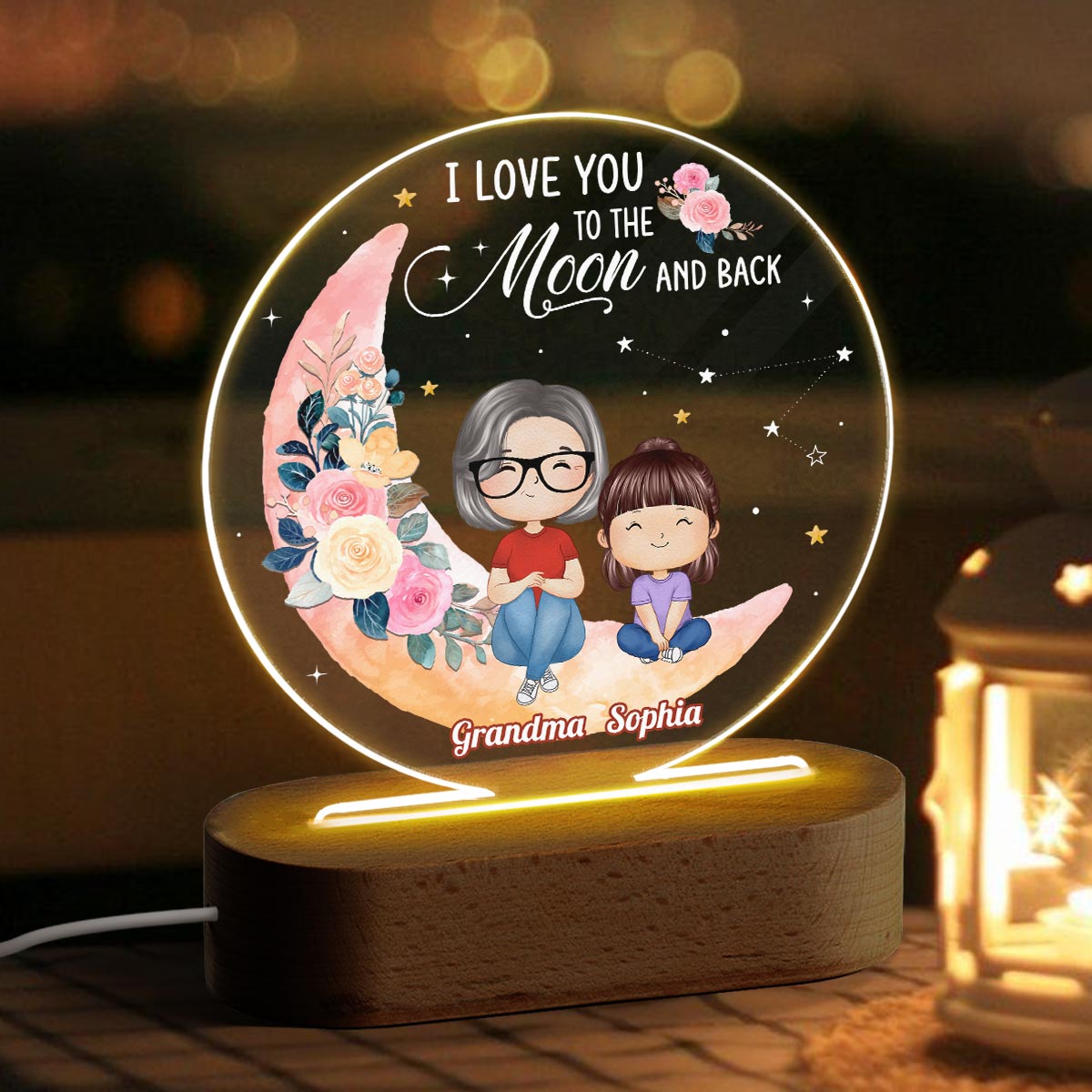 I Love You To The Moon And Back Moon Star And Flower Personalized Circle Acrylic Plaque LED Night Light