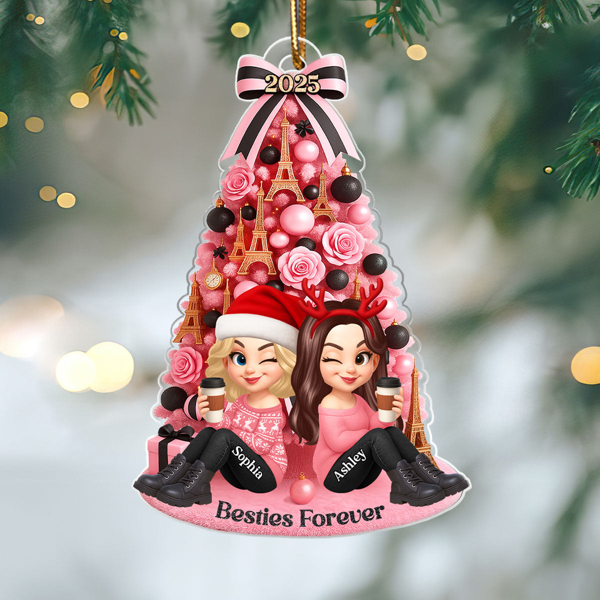 Besties Pink Christmas Tree Acrylic Ornament, Gift for Best Friends, Sisters