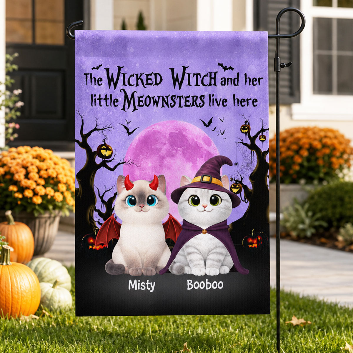 Halloween Theme The Wicked Witch And Her Meownsters Cats Live Here - Personalized Garden Flag - Halloween Decor For Cat Lovers