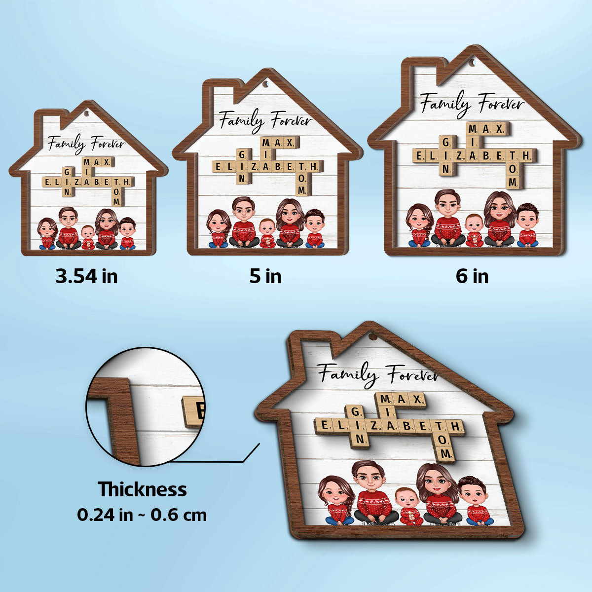 Family Sitting Together Crossword Puzzle Art Personalized House Shaped 2-Layer Wooden Ornament