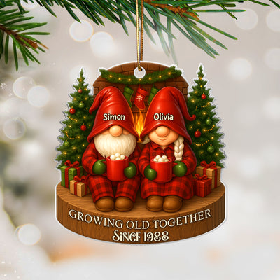 Gnome Couple With Hot Cocoa - Personalized Acrylic Ornament - Special Christmas Gift For Grandma, Grandpa, For Her, For Him