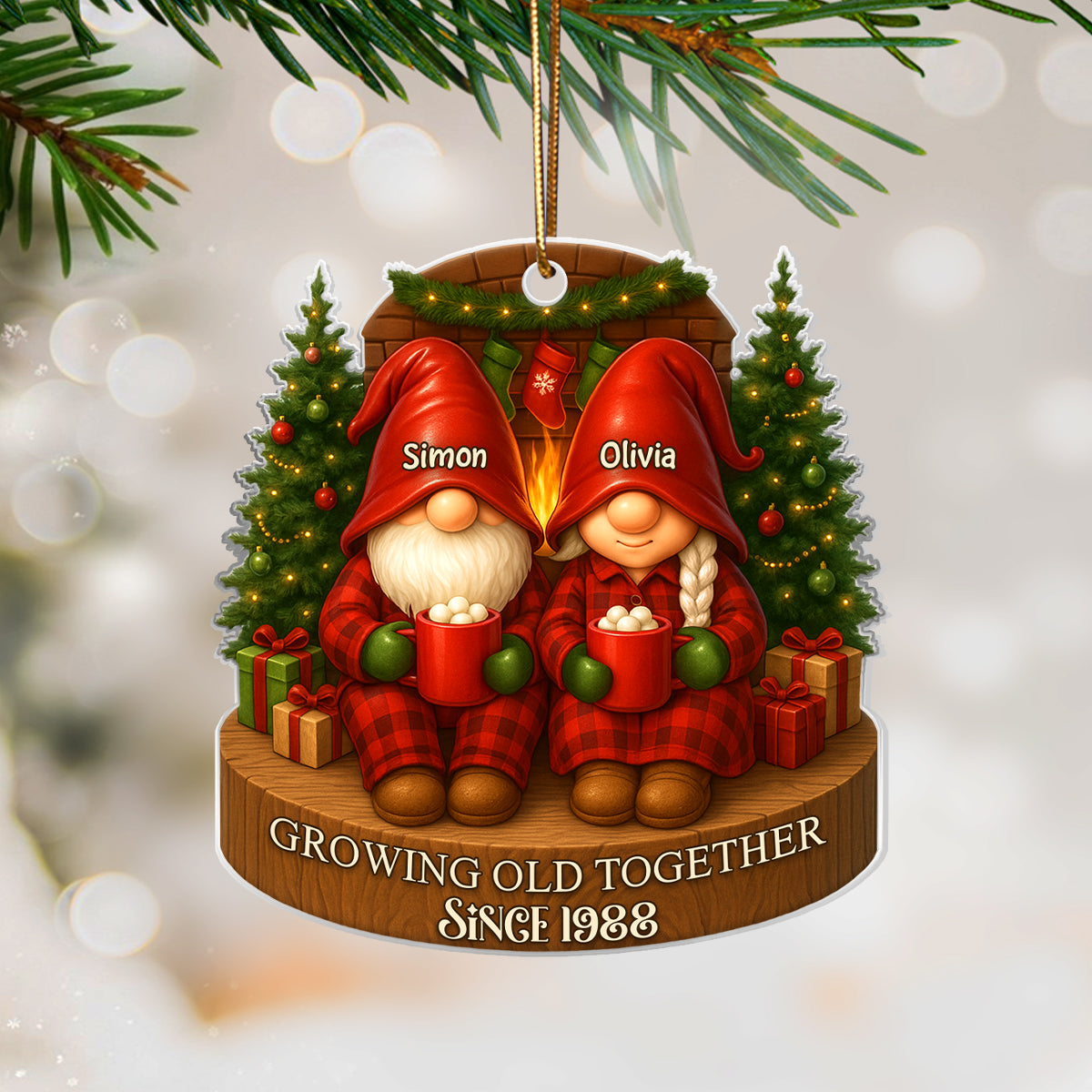 Gnome Couple With Hot Cocoa - Personalized Acrylic Ornament - Special Christmas Gift For Grandma, Grandpa, For Her, For Him