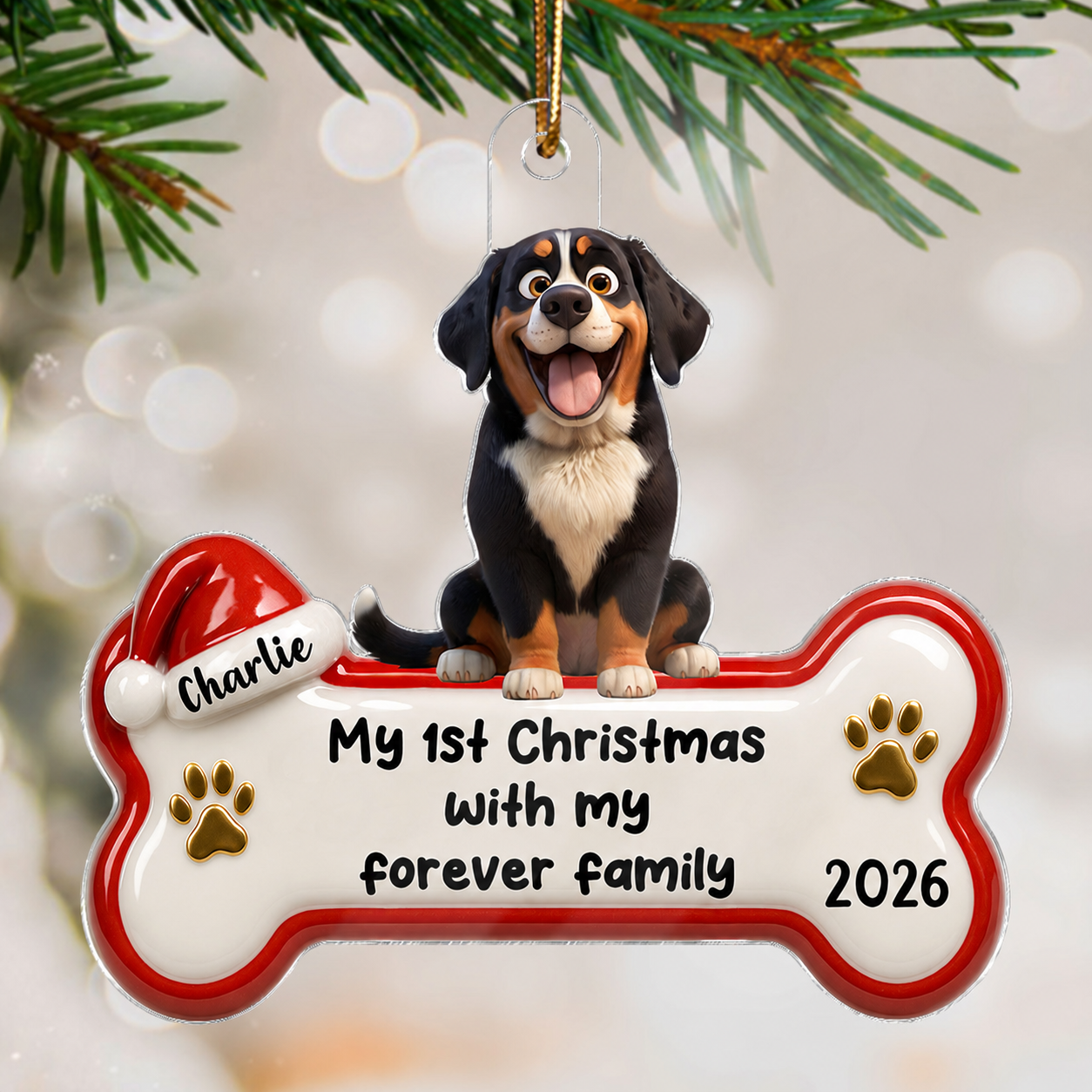 1st Christmas With Forever Family Cartoon Dog 3D Effect - Personalized Acrylic Ornament