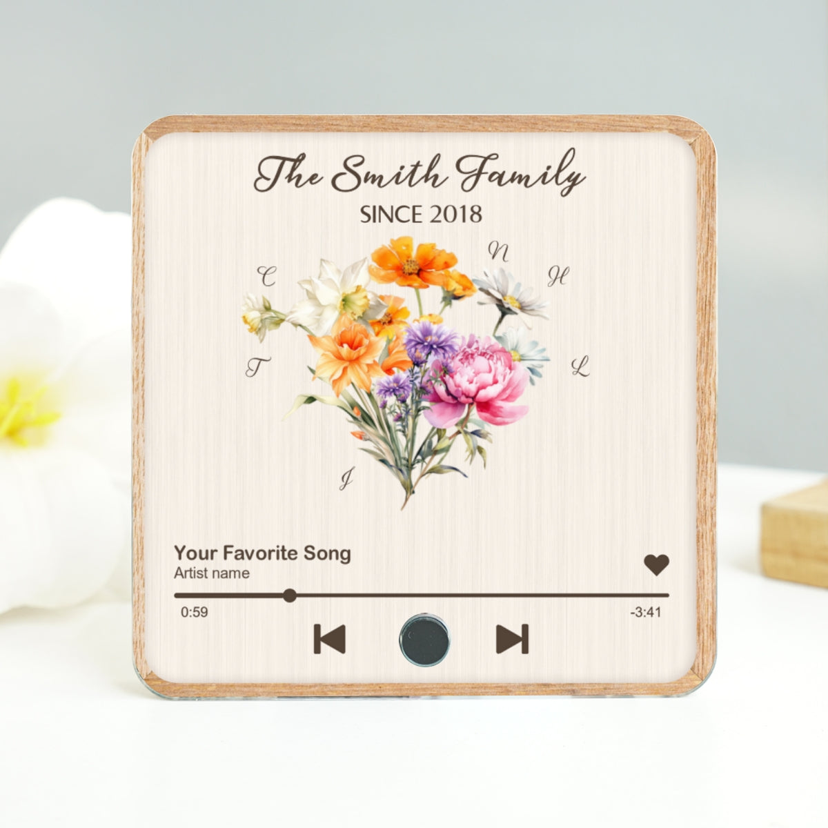 Birth Month Flower Bouquet Family Name Personalized Music Fridge Magnet