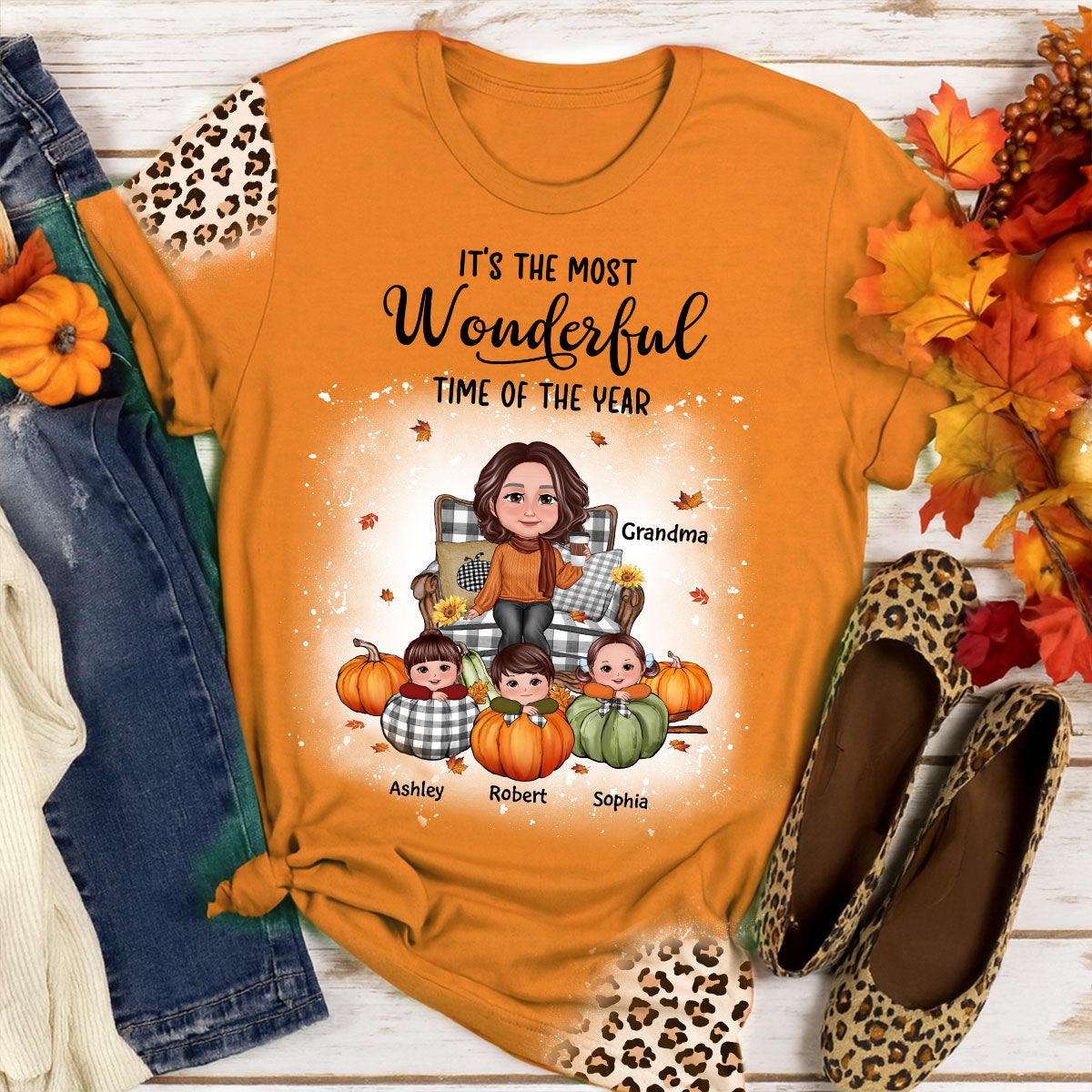 Grandma & Grandkids On Pumpkins Fall Season Theme With Leopard Pattern Personalized Shirt