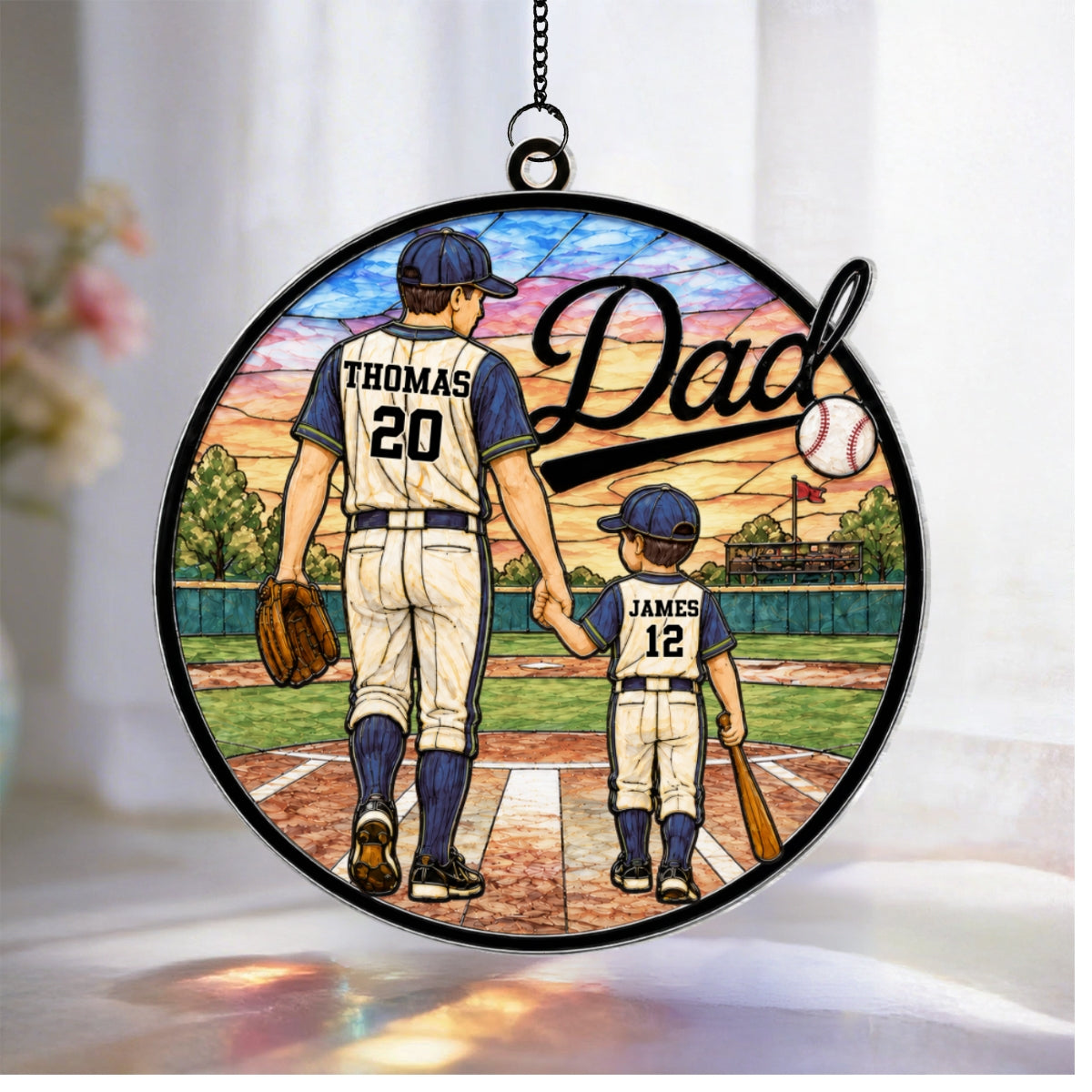 Baseball Dad & Kids 2D Flat - Personalized Suncatcher Ornament - Father's Day Gift For Baseball Dad