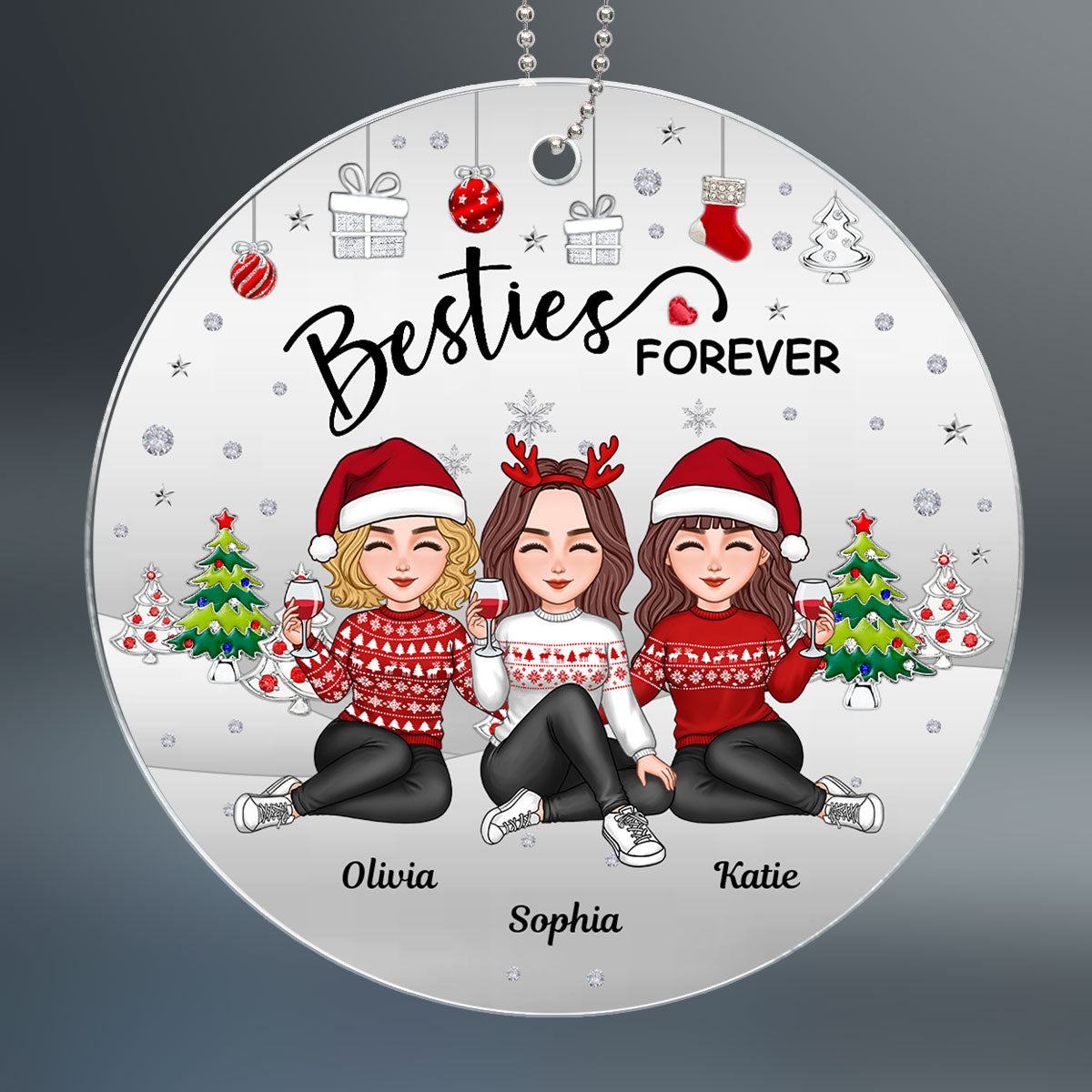 Metal Texture Besties Sisters Sitting Together Christmas Gift Personalized Acrylic Ornament