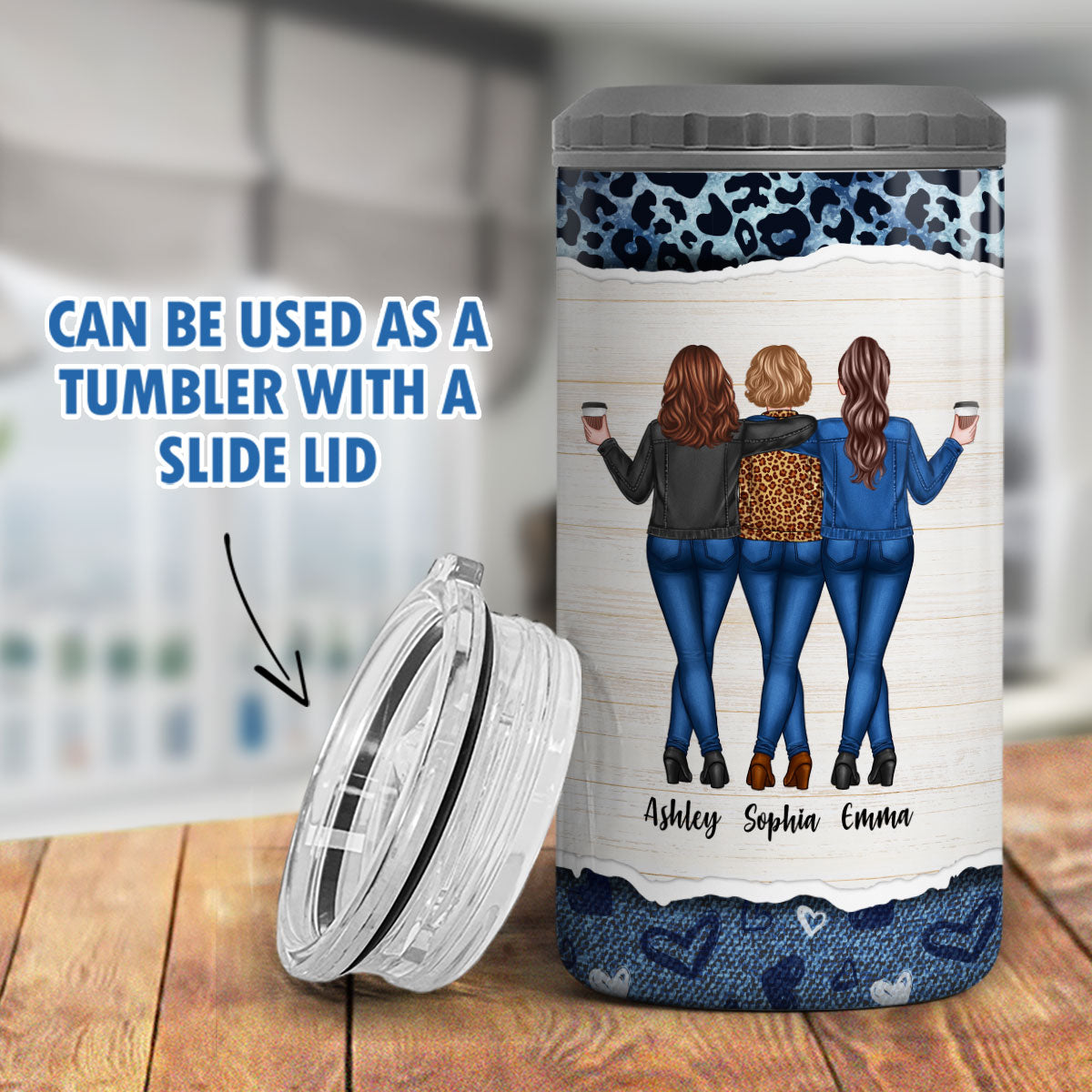 Leopard And Denim Besties Sisters Personalized 4 In 1 Can Cooler