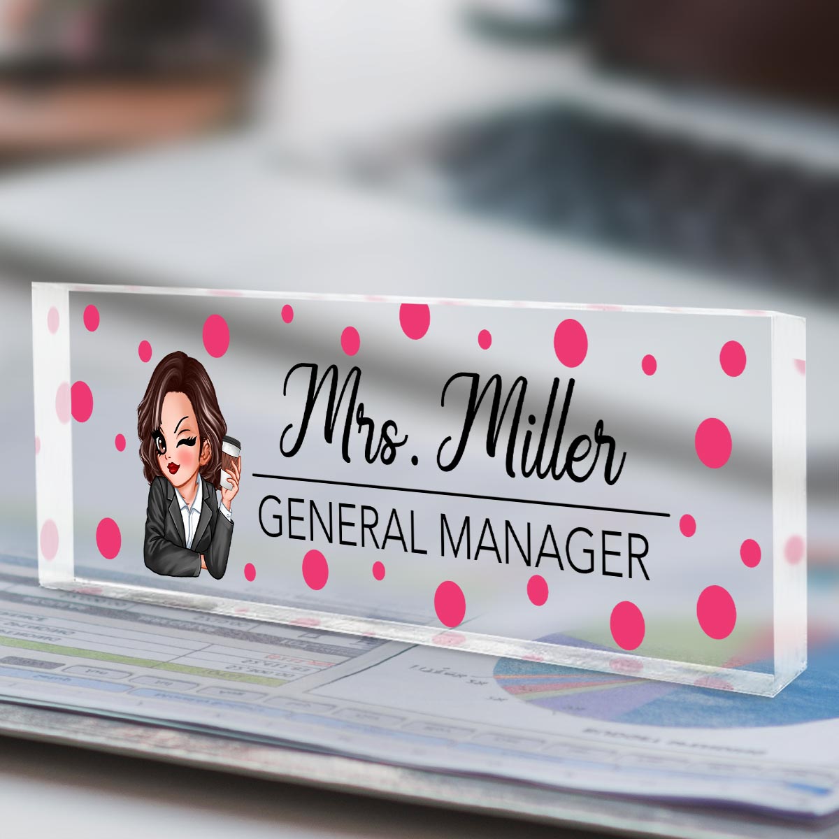 Polka Dot Woman Personalized Acrylic Desk Name Plate, Office Desk Decor, Gift For Colleagues, Coworkers, Boss