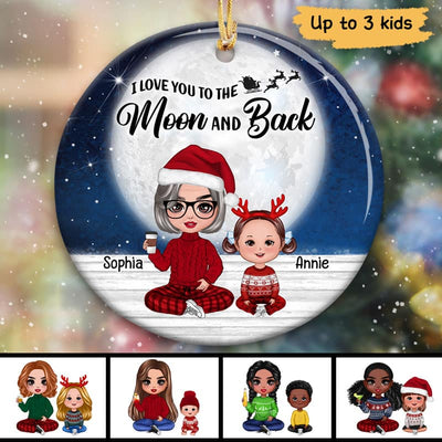 Doll Grandma & Grandkids Christmas Night Moon Light Personalized Circle Ornament