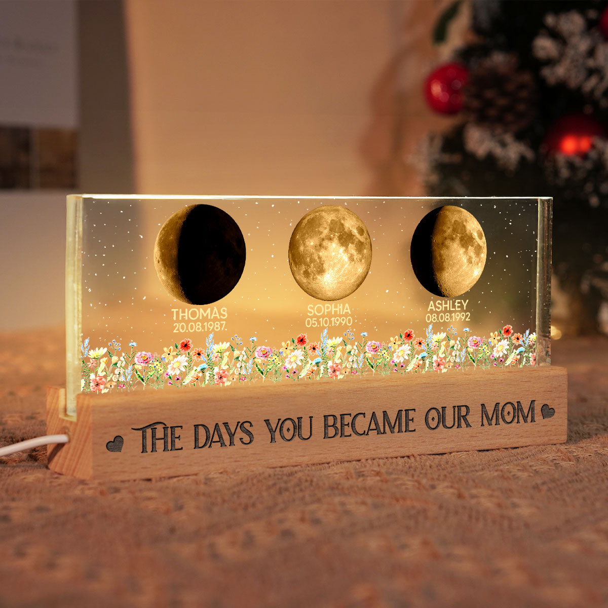 Floral Custom Birth Moon Phase The Day You Become Our Mom - Personalized Acrylic Block LED Night Light - Heartfelt Gift For Mom