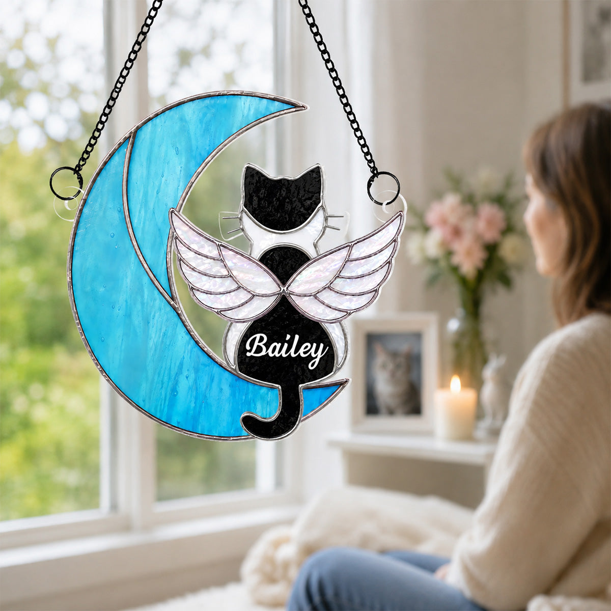 Cat Sitting On Moon Memorial Pet Loss - Personalized Acrylic Window Hanging - Pet Memorial Gift, Pet Loss Sympathy Gift