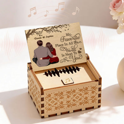 Favorite Place In The World Couple Sitting Back View - Personalized Wooden Music Box - Valentine's Day Gift For Him, Gift For Her