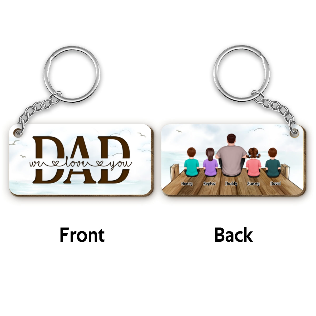 On The Bridge Best Dad Ever Back View Man Kids Dog Cat Father‘s Day Gift Personalized Wooden Keychain
