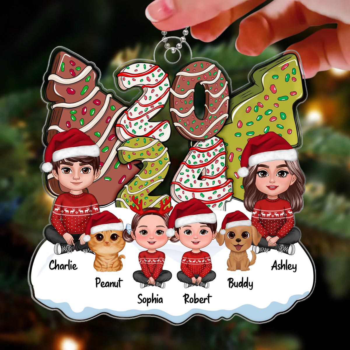 Family Dad Mom Kids Dogs Cats Sitting By 2024 Christmas Tree Cake Patterned Personalized Acrylic Ornament
