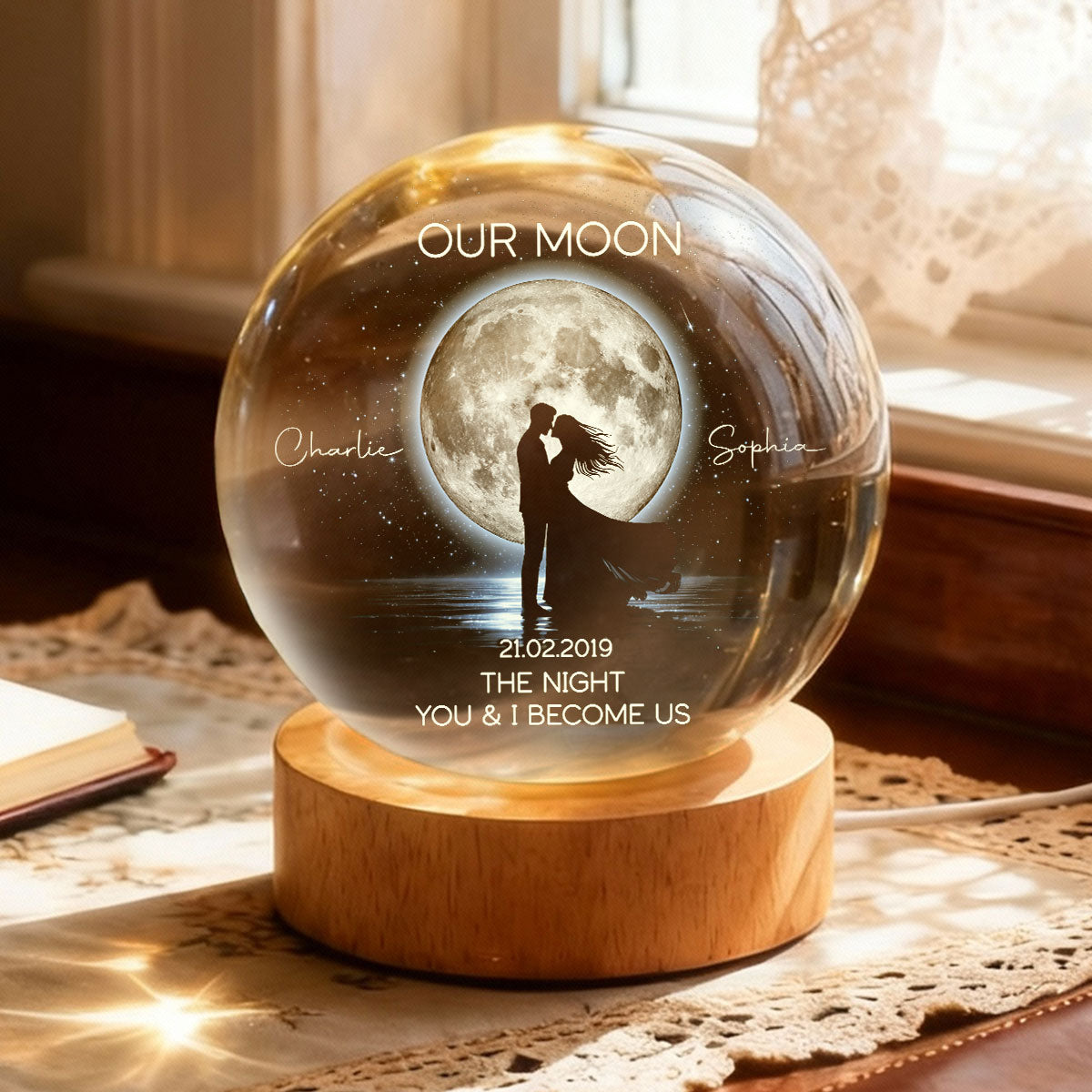 Couple Kissing Under the Moonlight, Custom Moon Phase by Date - Personalized Crystal Ball LED Night Light - Sentimental Valentine's Day Gift for Her, for Him