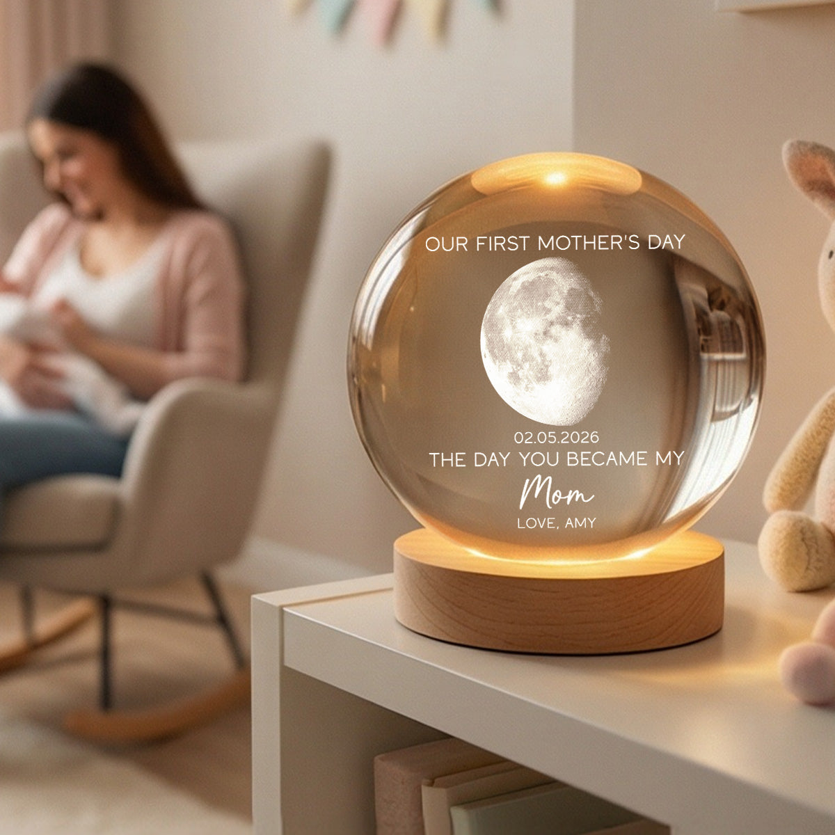 The Day You Became My Mom Custom Moon Phase First Mother's Day - Personalized Crystal Ball LED Night Light - First Mother's Day Gift For New Mom