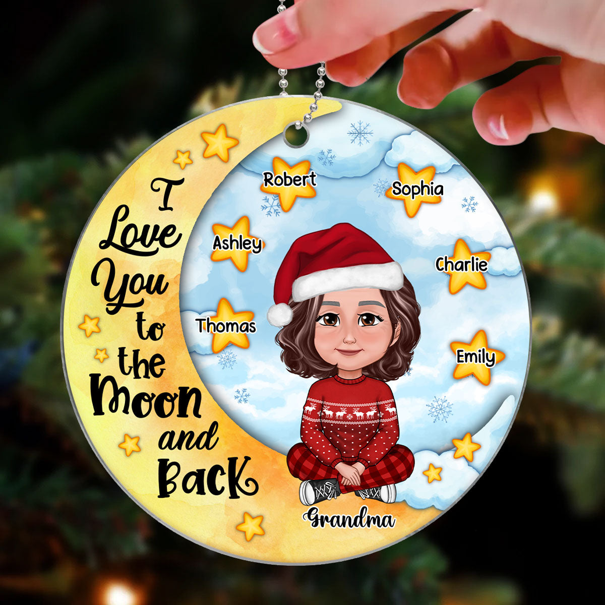Cute Grandma Crossed Legs Sitting On Moon Stars Personalized Acrylic Ornament