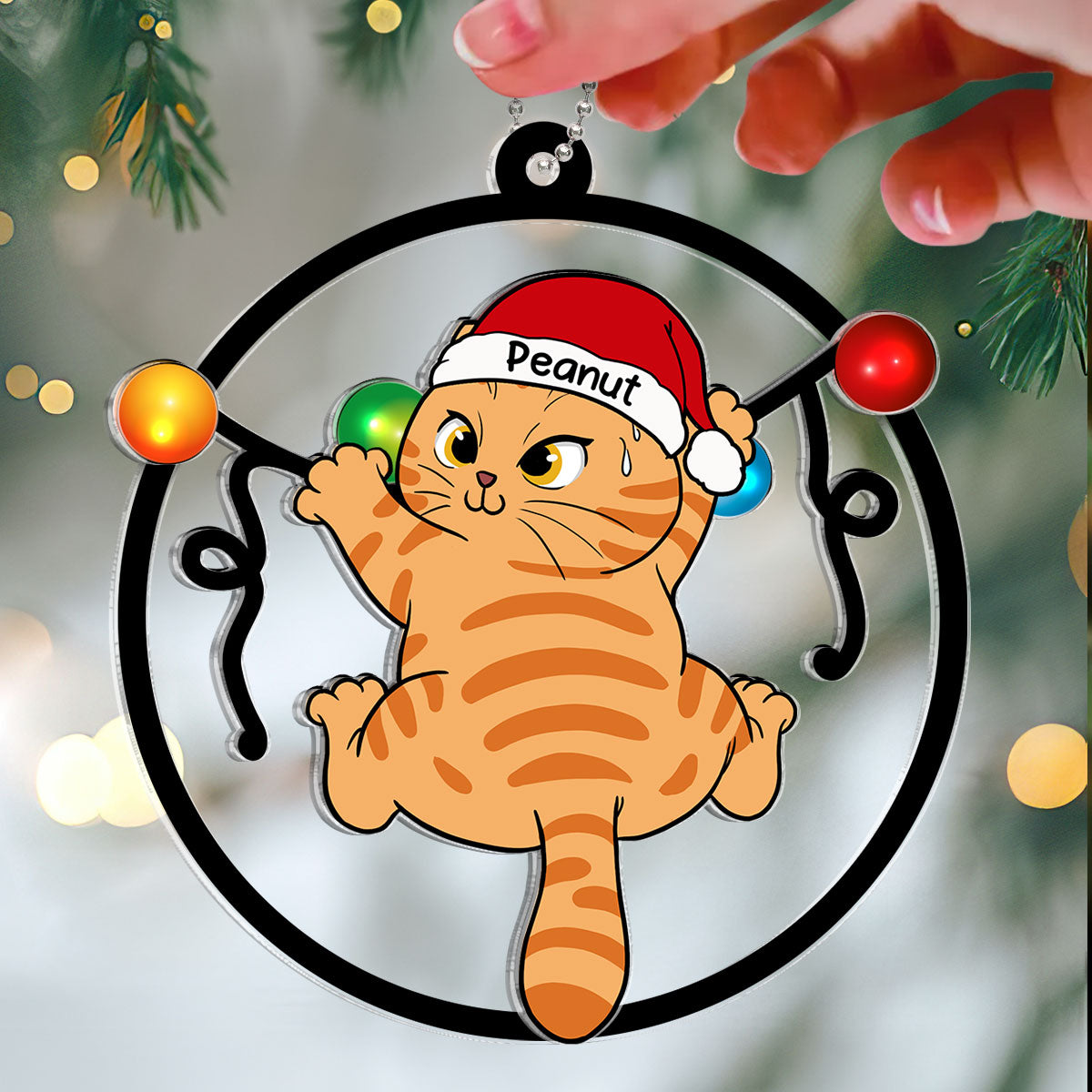 Cat Swinging Christmas Lights Personalized 2-Layer Acrylic Ornament, Christmas Decoration