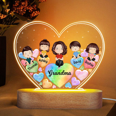 Watercolor Grandma Grandkids Hearts In Heart Personalized Heart Acrylic LED Night Light