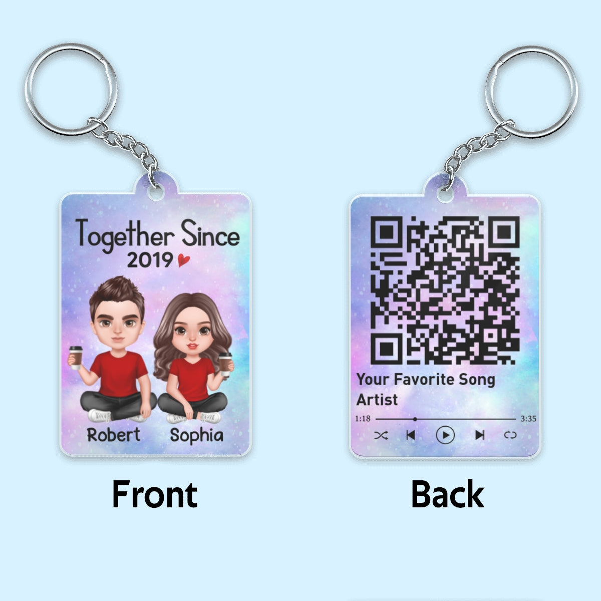 Galaxy Realistic Doll Couple Sitting Favorite Song QR Code Personalized Acrylic Keychain