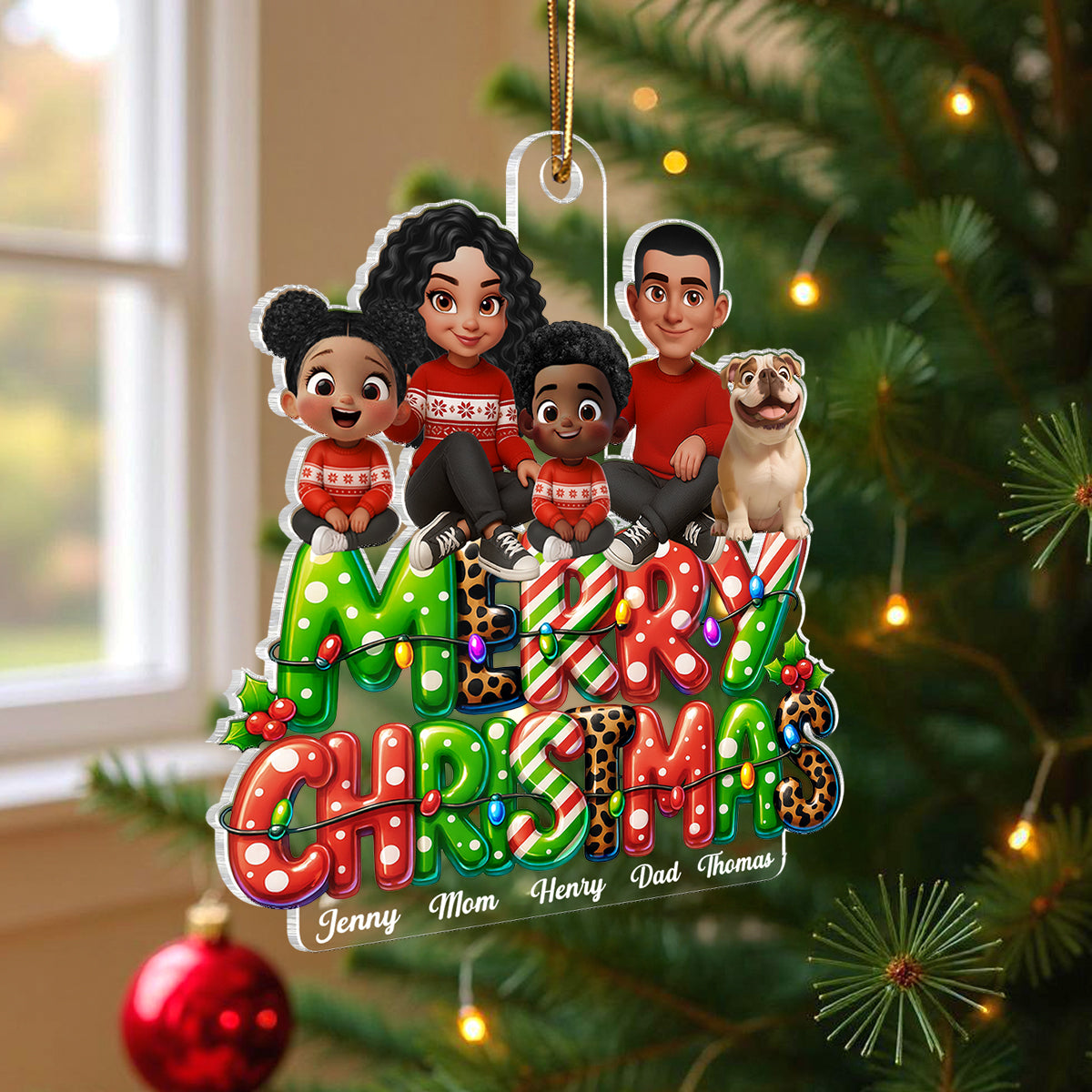 Merry Christmas 2025 Family Sitting on Text Personalized Acrylic Ornament, Christmas Gift for Husband, Wife, Kid