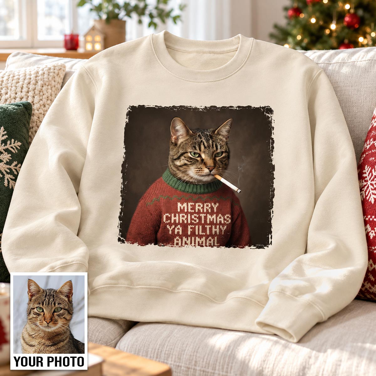 Funny Christmas Smoking Cat Upload Pet Photo - Personalized Shirt - Sarcastic Holiday Meme Tee, Cool Cat Lover Gift, Vintage Grunge Xmas Cat Gift, Ironic Pet Shirt