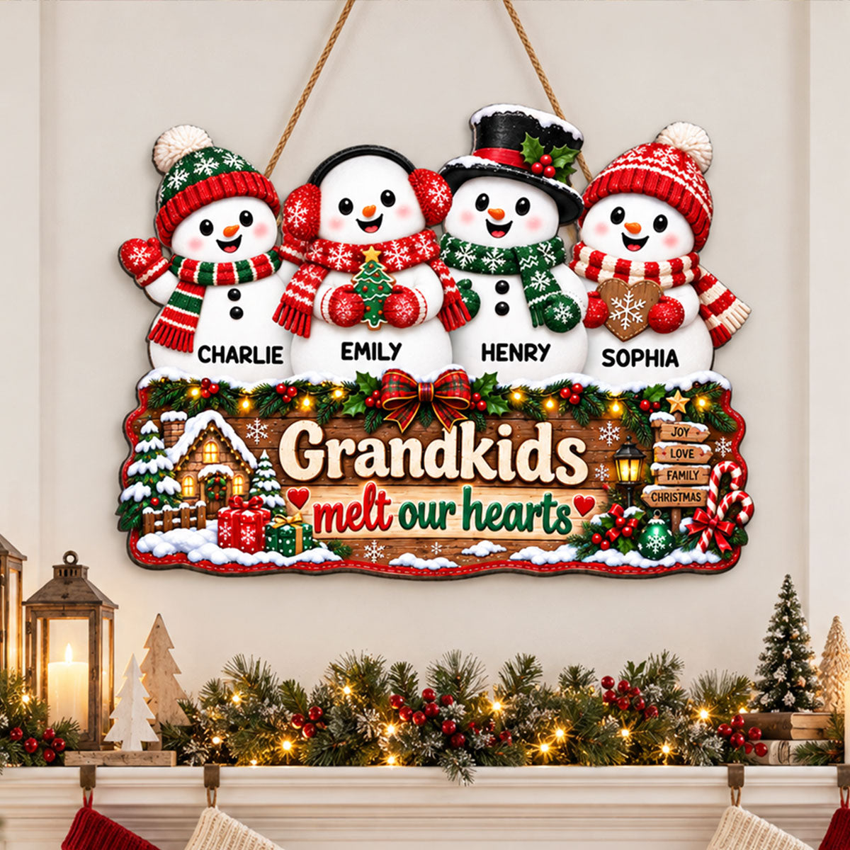 Christmas Snowman Grandkids Melts Our Hearts - Personalized Wood Sign - Christmas Decor, Door Sign For Grandparents