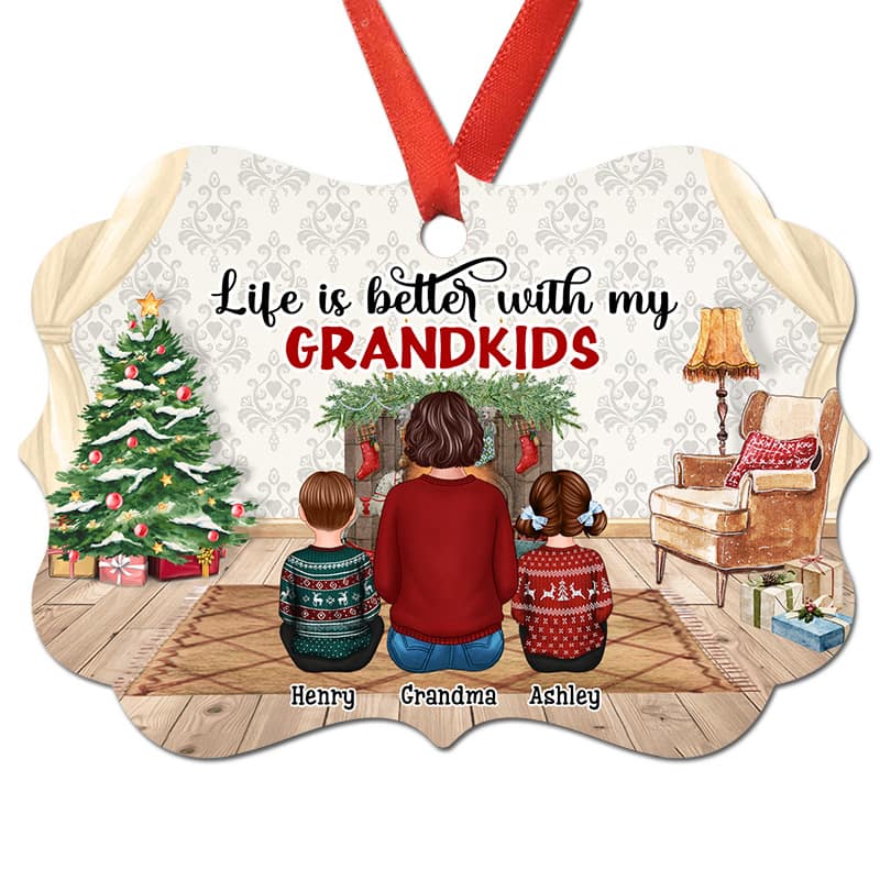Grandma Grandkids Back View Fireplace Personalized Christmas Ornament