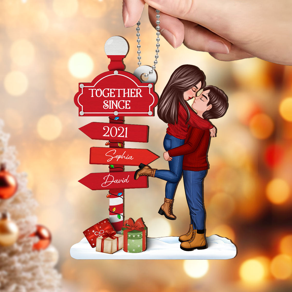Christmas Couple Kissing Sign Personalized 2-Layer Wooden Ornament