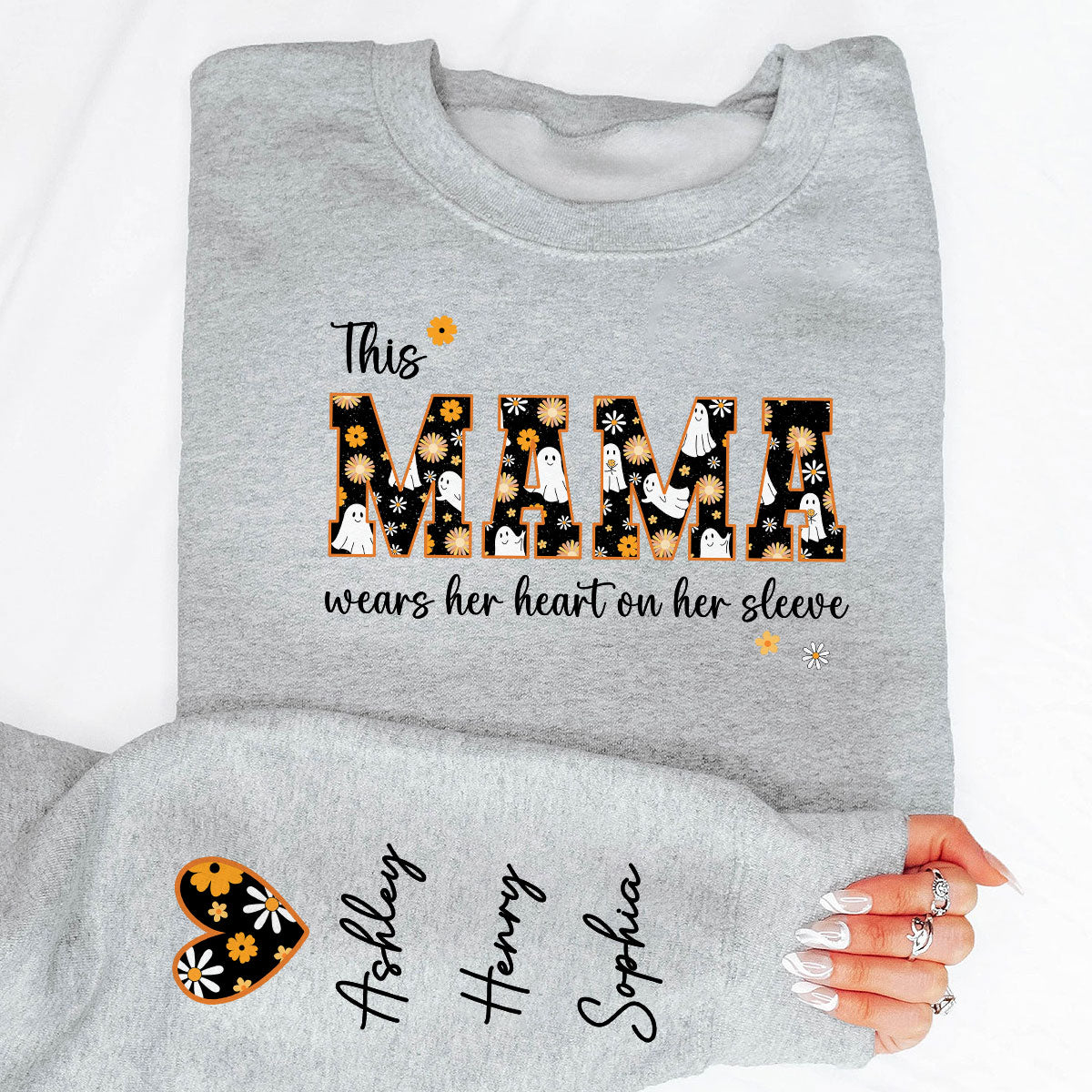 Halloween This Mama Wears Her Heart on Her Sleeve Personalized Sleeve Printed Sweatshirt