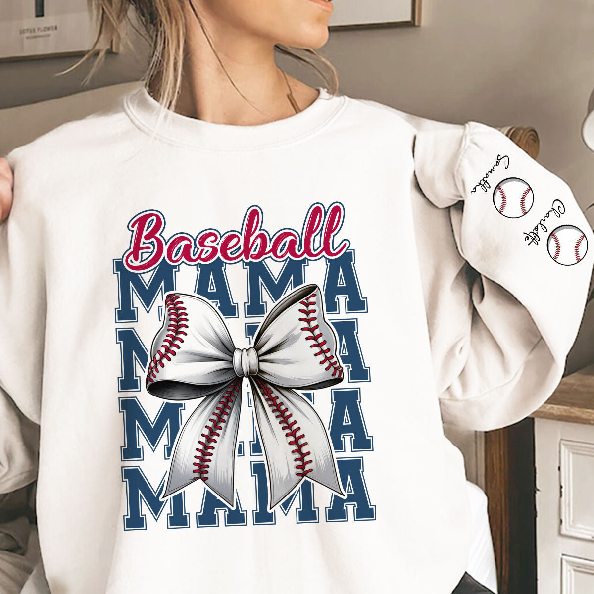 Retro Baseball Mom Coquette Bow Personalized Sleeve Printed Sweatshirt, Proud Baseball Mom Game Day Shirt, Gift For Baseball Mom