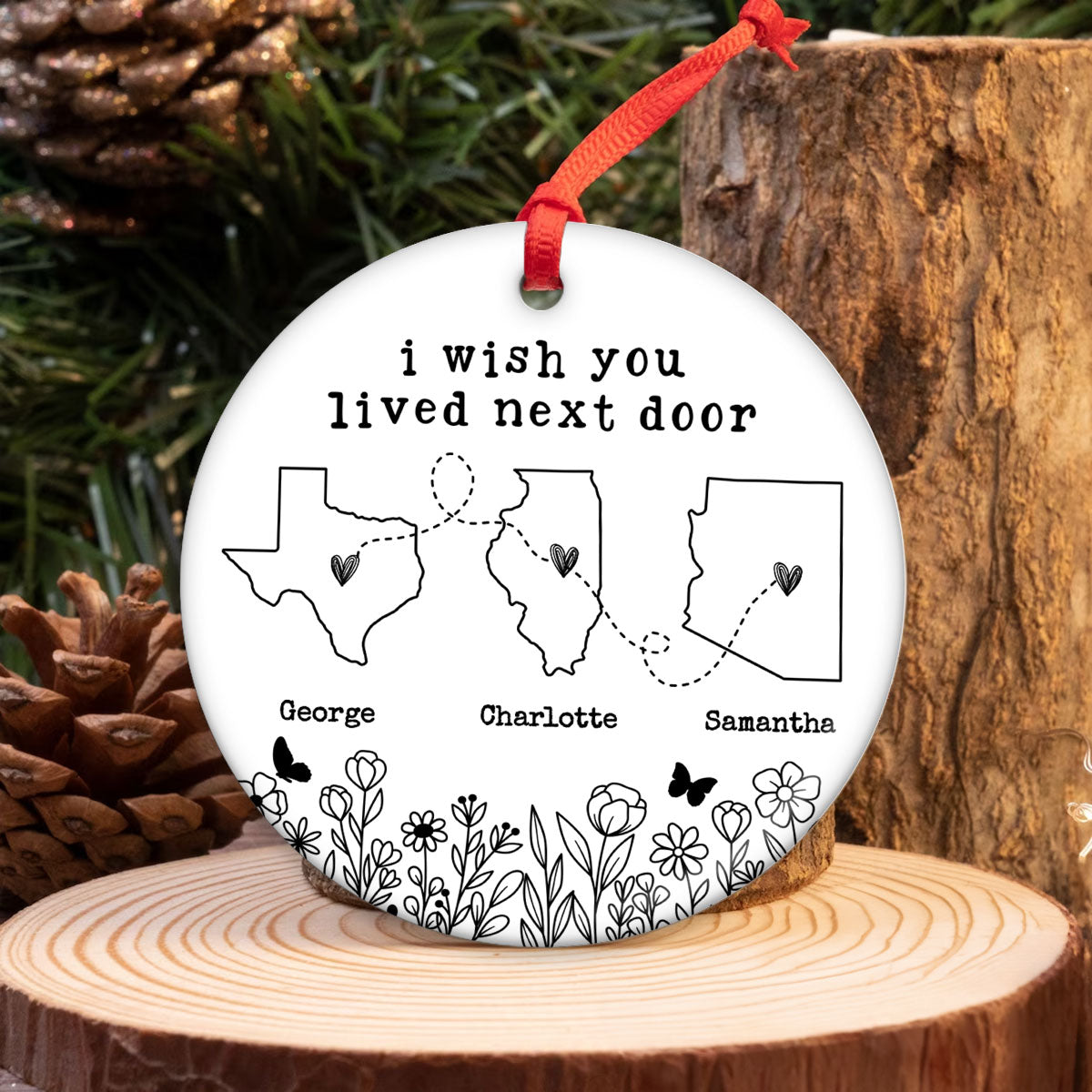 Besties Sisters Long Distance Wildflowers Personalized Circle Ornament, Togetherness Gift