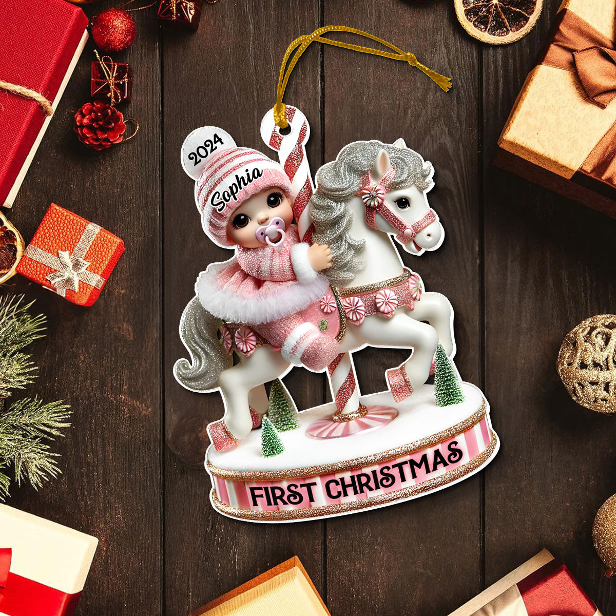 Baby's First Christmas Cute Baby On Carousel Horse Personalized Acrylic Ornament, New Parents Keepsake, Gift For Newborn
