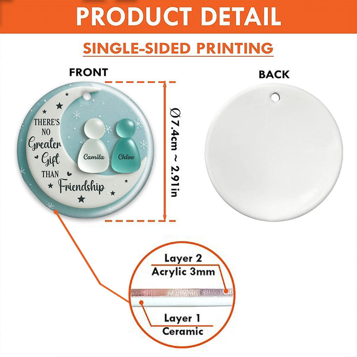 3D Sea Glass Effect Besties On Moon - Personalized Ceramic Ornament With Acrylic Pieces - Unique Gift For Best Friends