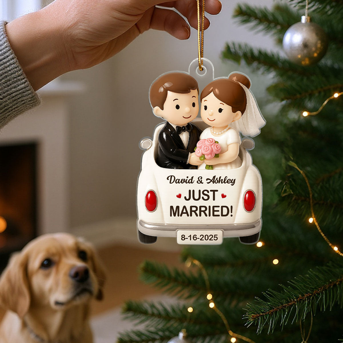 3D Effect Just Married Forever Love Couple Personalized Flat Acrylic Ornament, Gift For Newly Wedding Couple