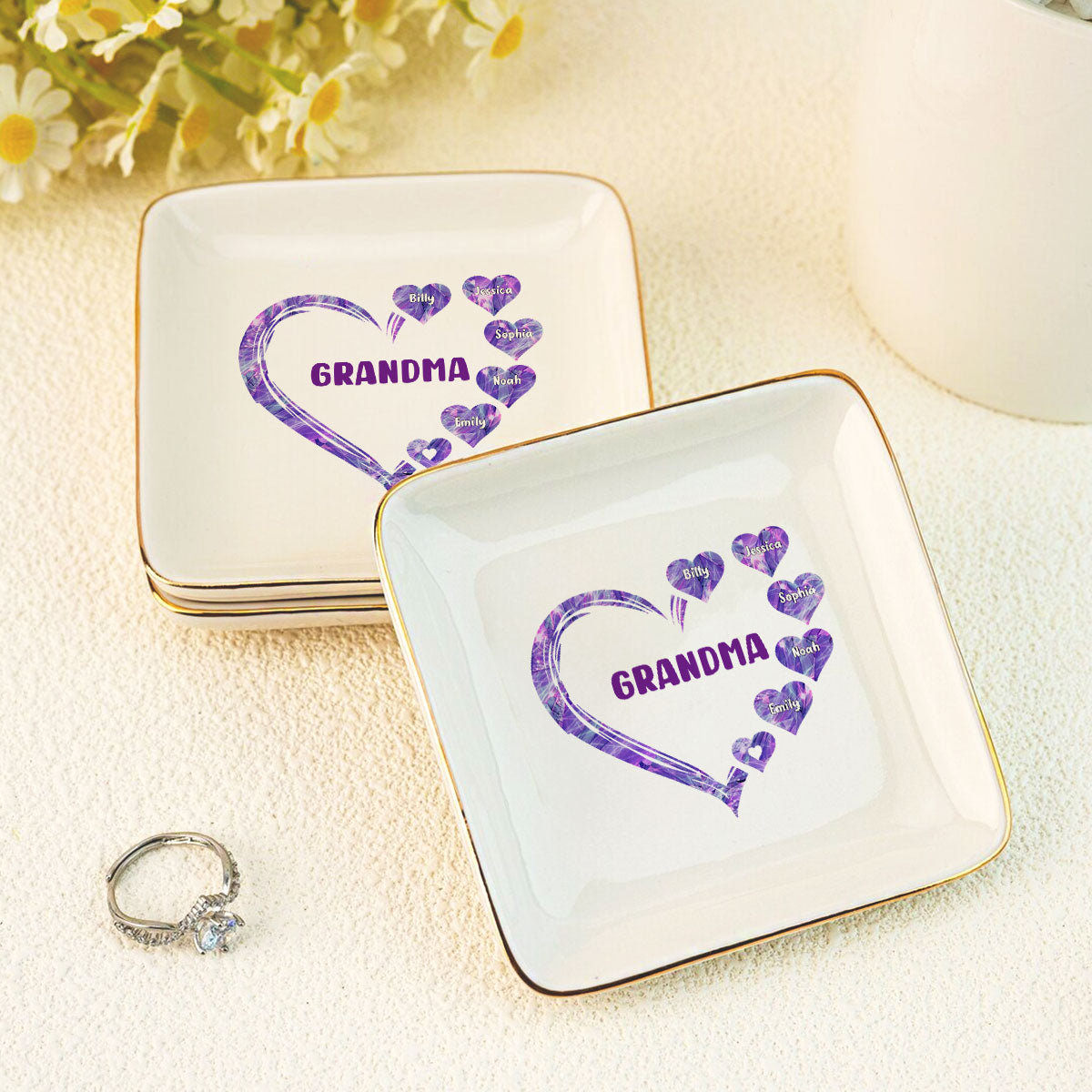 Grandma Mom Hearts Marble Patterned Personalized Jewelry Dish, Birthday Gift for Grandma, Christmas Gift