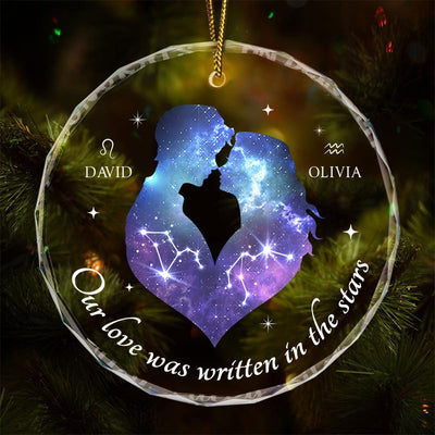 Our Love Was Written In The Stars Hugging Couple Personalized Zodiac Sign Glass Ornament, Birthday Christmas Wedding Gift For Couple, Girlfriend, Boyfriend, Astrology Lovers