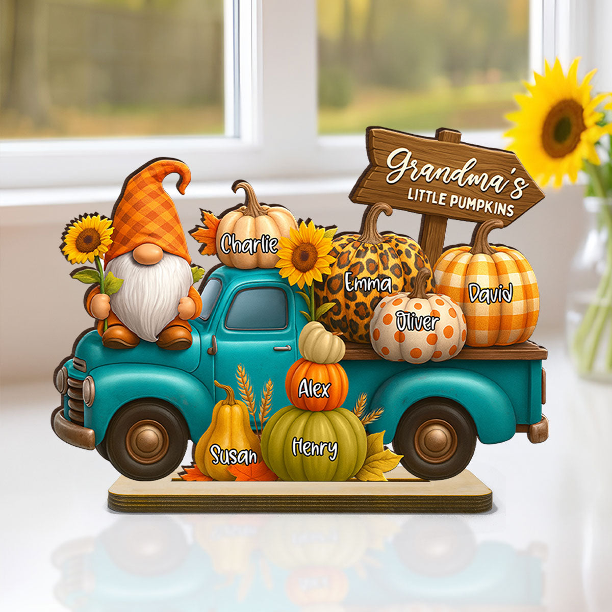 Fall Gnomes Truck Grandma's Pumpkin Personalized Standing Wooden Plaque, Cozy Fall Decor for Grandma