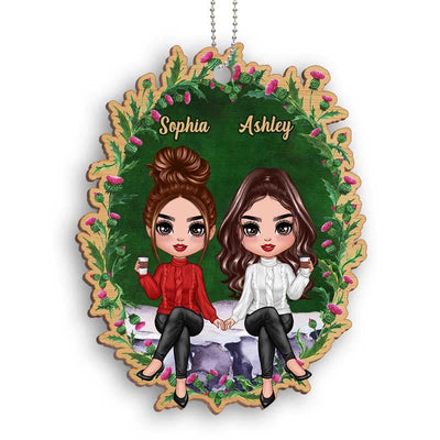 Doll Girls Besties Sisters Sitting On Flower Rock Personalized Wooden Ornament