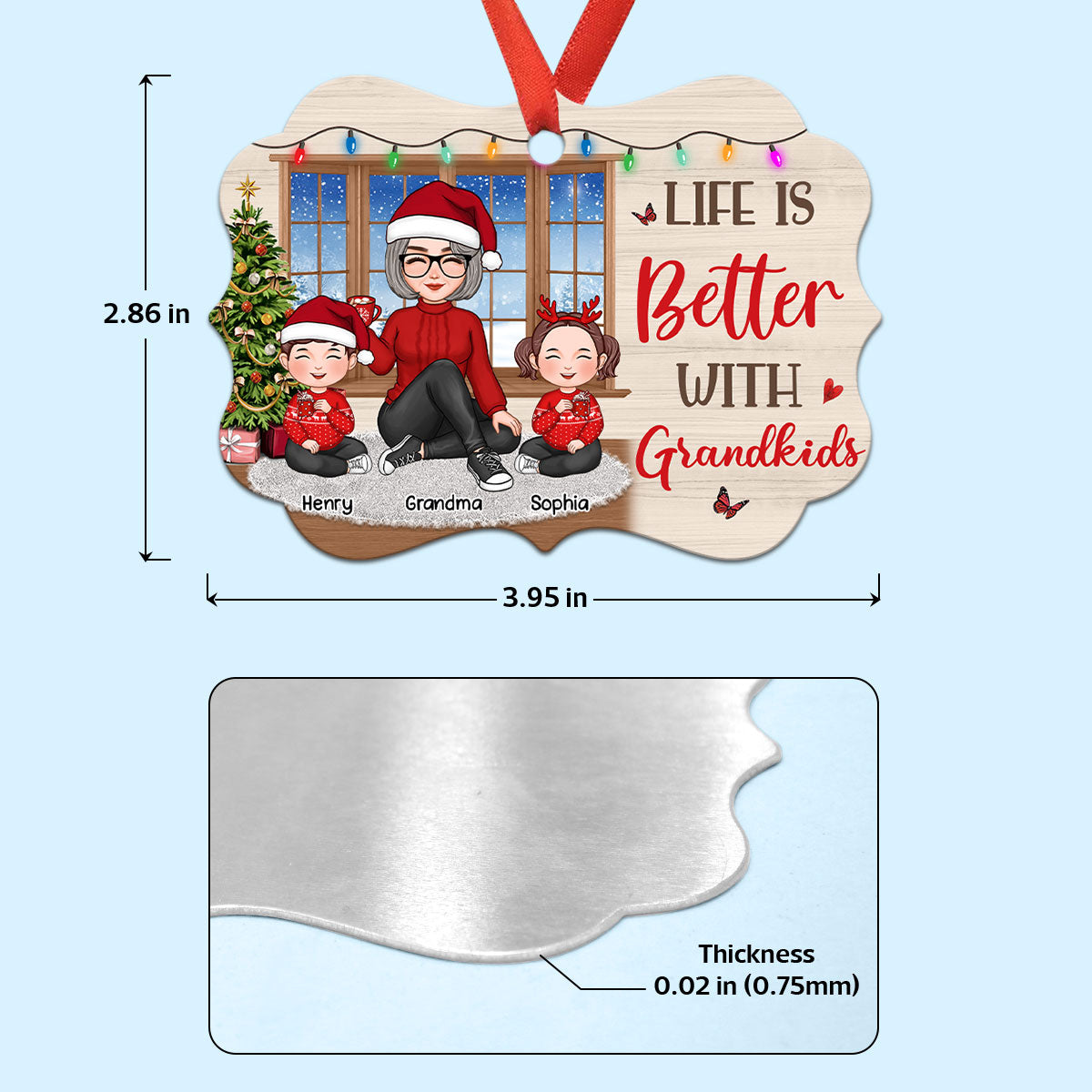 Cute Grandma Grandkids Sitting By Window Personalized Christmas Aluminum Ornament