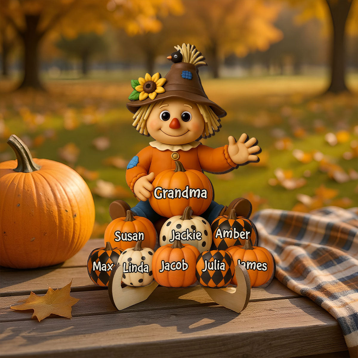 Fall Season Grandma Scarecrow Grandkids Pumpkins 3D Effect Personalized 2-Layer Wooden Plaque