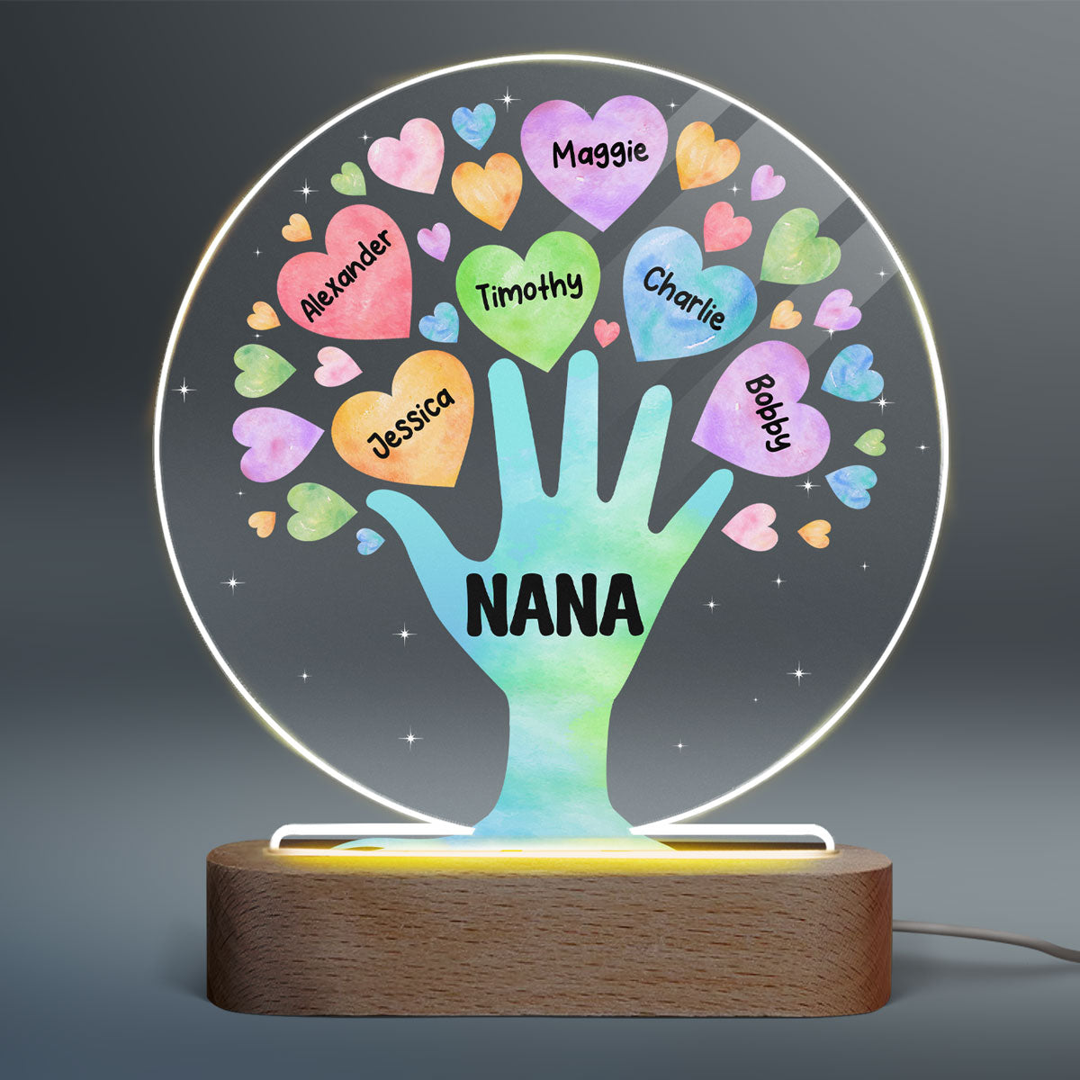 Grandma Tree Hand & Colorful Hearts Personalized Acrylic Plaque With LED Night Light