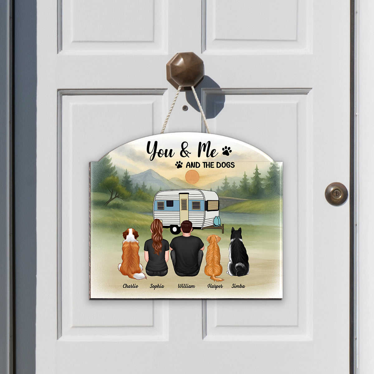 Couple And Dogs Camping Retro Mountain Personalized Wood Sign, Gift for Camping & Dog Lovers