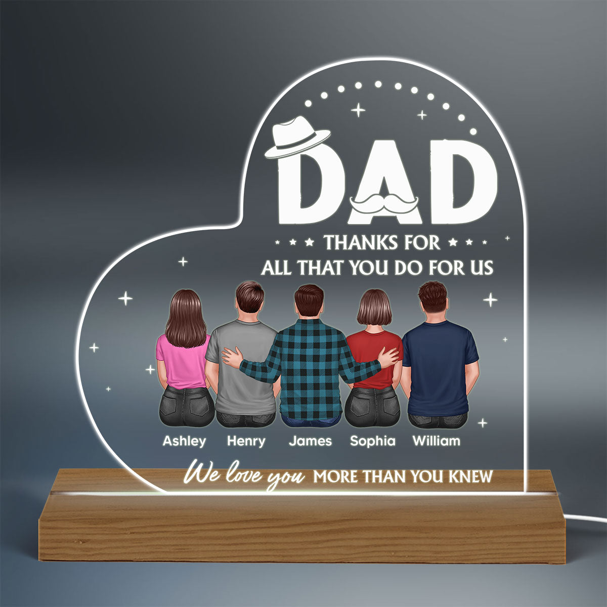 To Dad Back View Dad And Daughters Sons Personalized Custom Shape Acrylic Plaque Warm LED Night Light